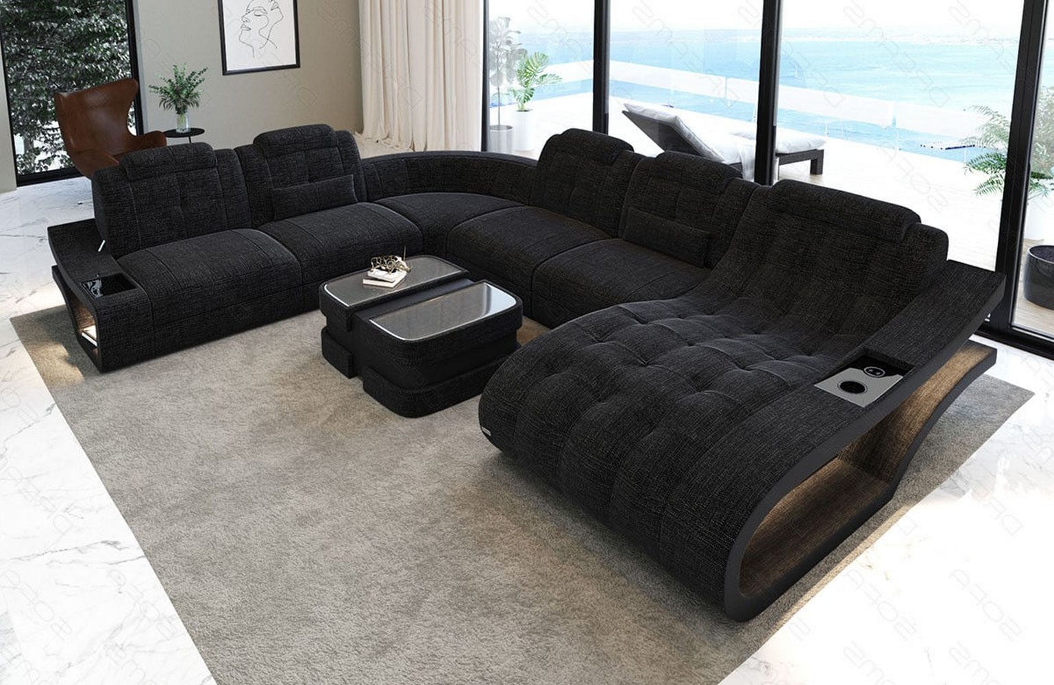 Stoff Wohnlandschaft Elegante XXL – Komfort Dunkelgrau-Schwarz