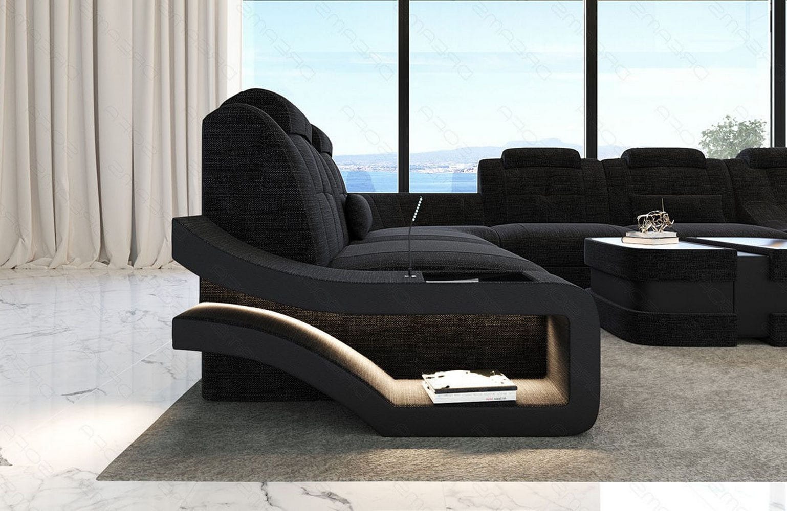 Stoff Wohnlandschaft Elegante XXL – Komfort Dunkelgrau-Schwarz