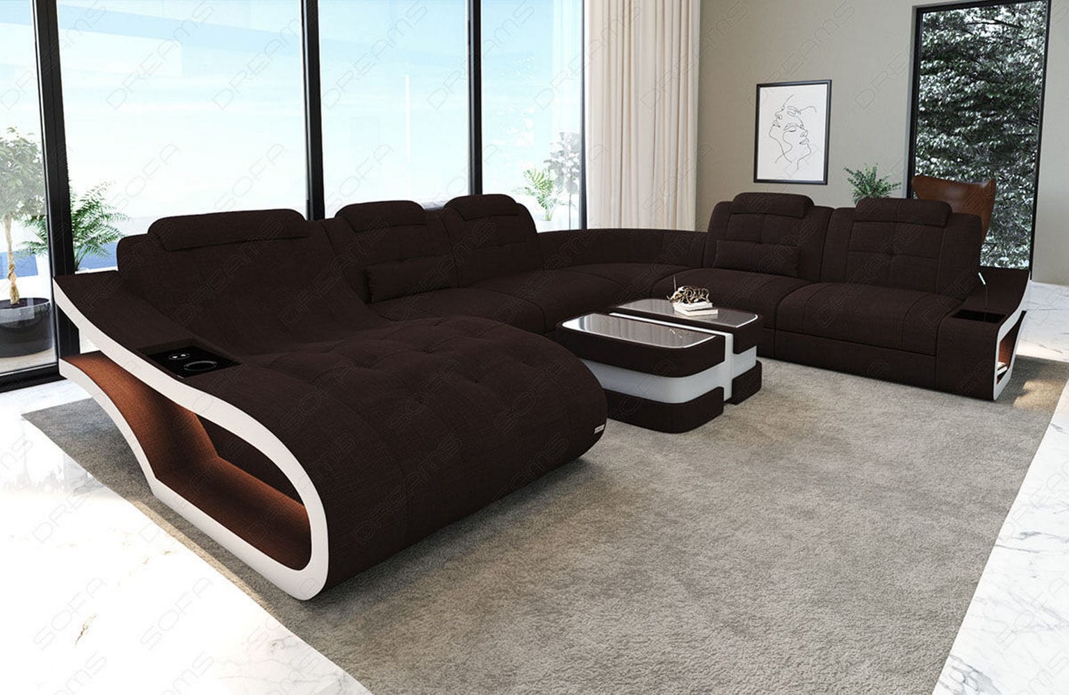 Stoff Wohnlandschaft Elegante XXL – Komfort Graubraun-Weiß