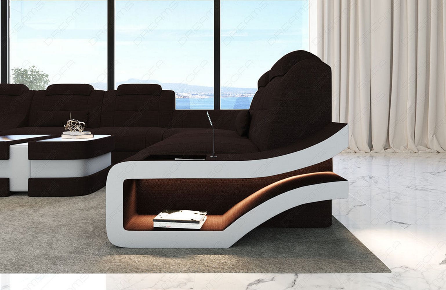 Stoff Wohnlandschaft Elegante XXL – Komfort Graubraun-Weiß