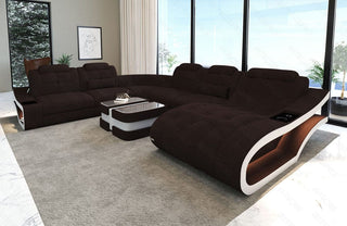 Stoff Wohnlandschaft Elegante XXL U-Form Graubraun-Weiß