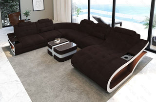 Stoff Wohnlandschaft Elegante XXL U-Form Graubraun-Weiß