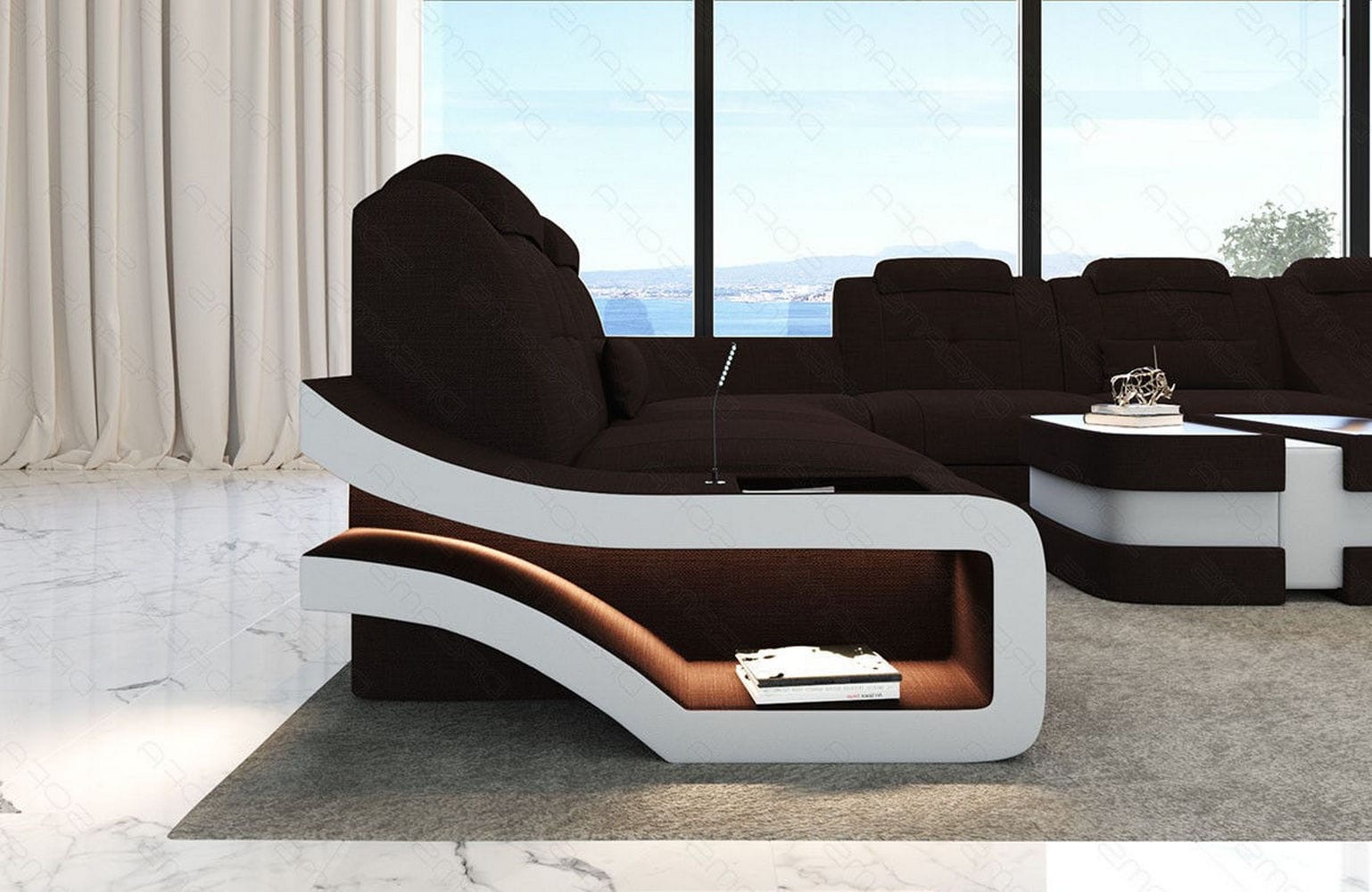Stoff Wohnlandschaft Elegante XXL – Komfort Graubraun-Weiß