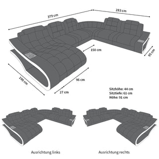 Stoff Wohnlandschaft Elegante XXL U-Form Graubraun-Weiß
