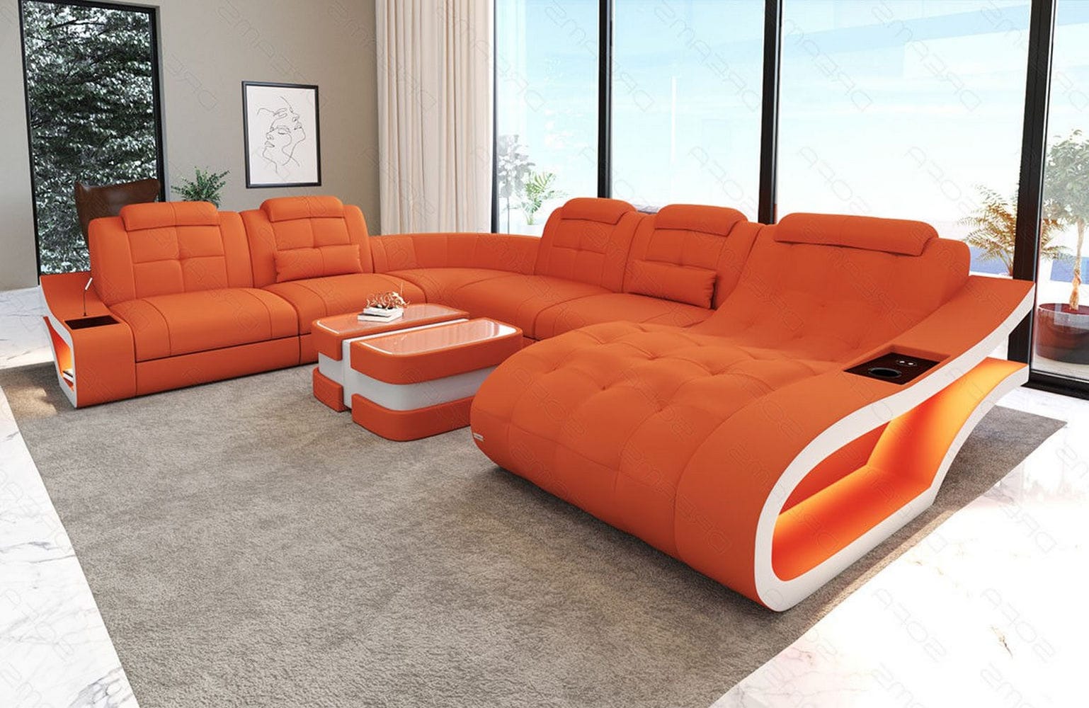 Stoff Wohnlandschaft Elegante XXL – Komfort Orange-Weiß