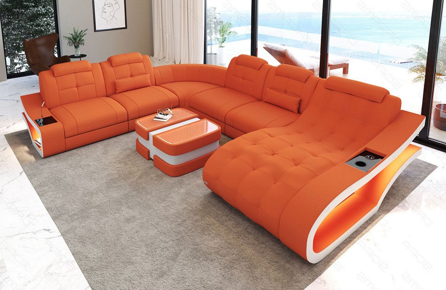 Stoff Wohnlandschaft Elegante XXL – Komfort Orange-Weiß
