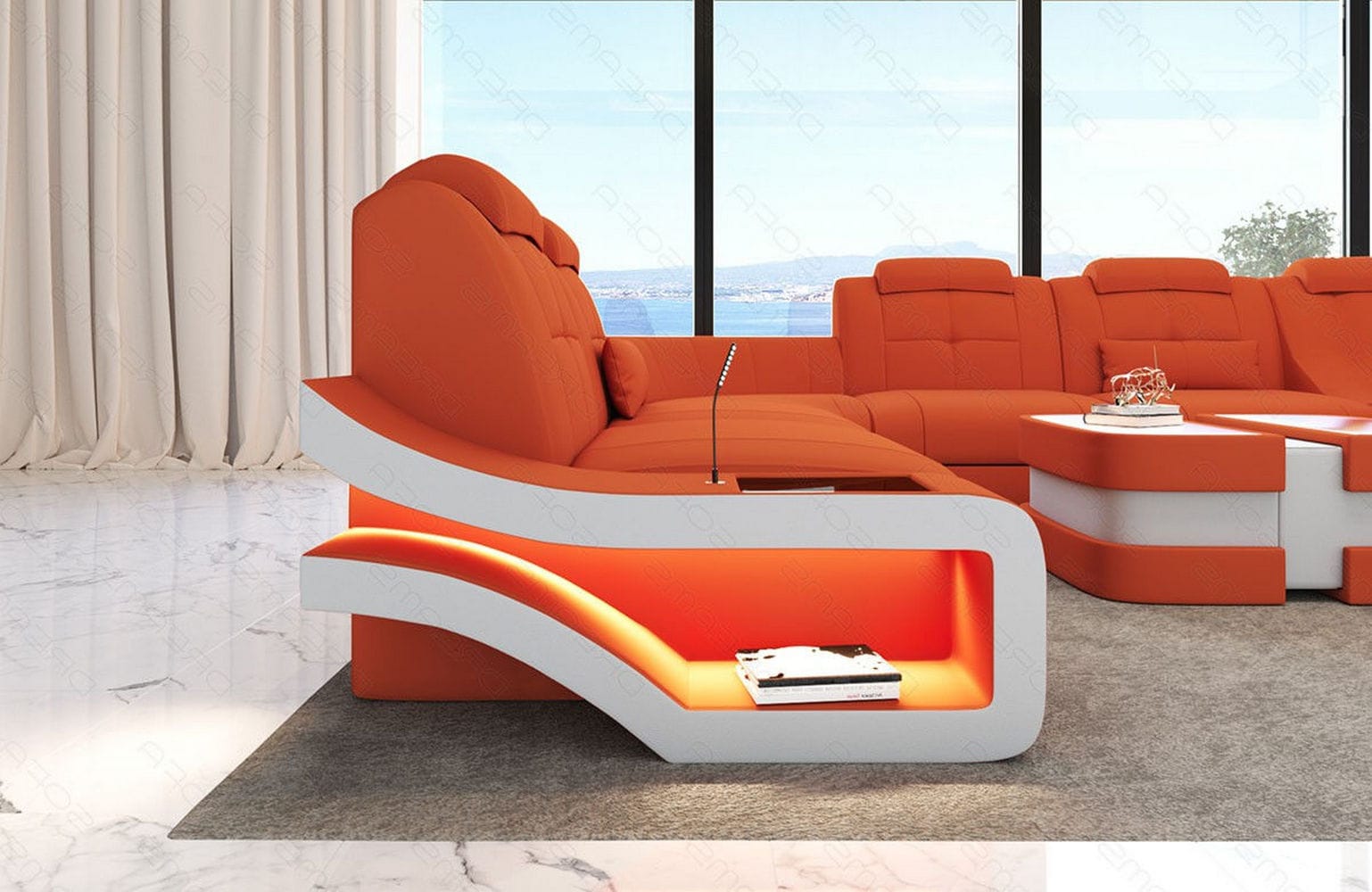 Stoff Wohnlandschaft Elegante XXL – Komfort Orange-Weiß