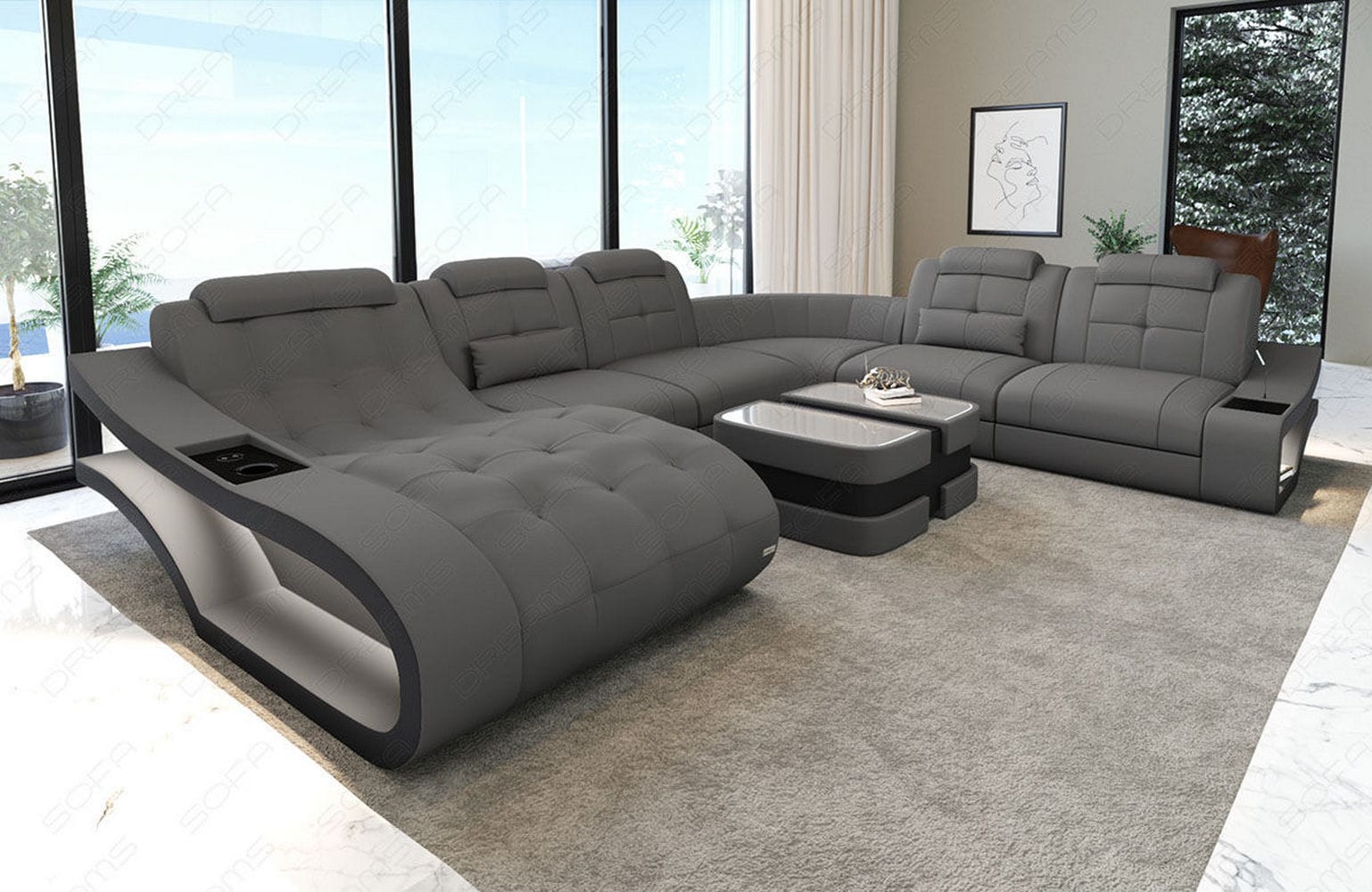 Stoff Wohnlandschaft Elegante XXL – Komfort Hellgrau-Schwarz