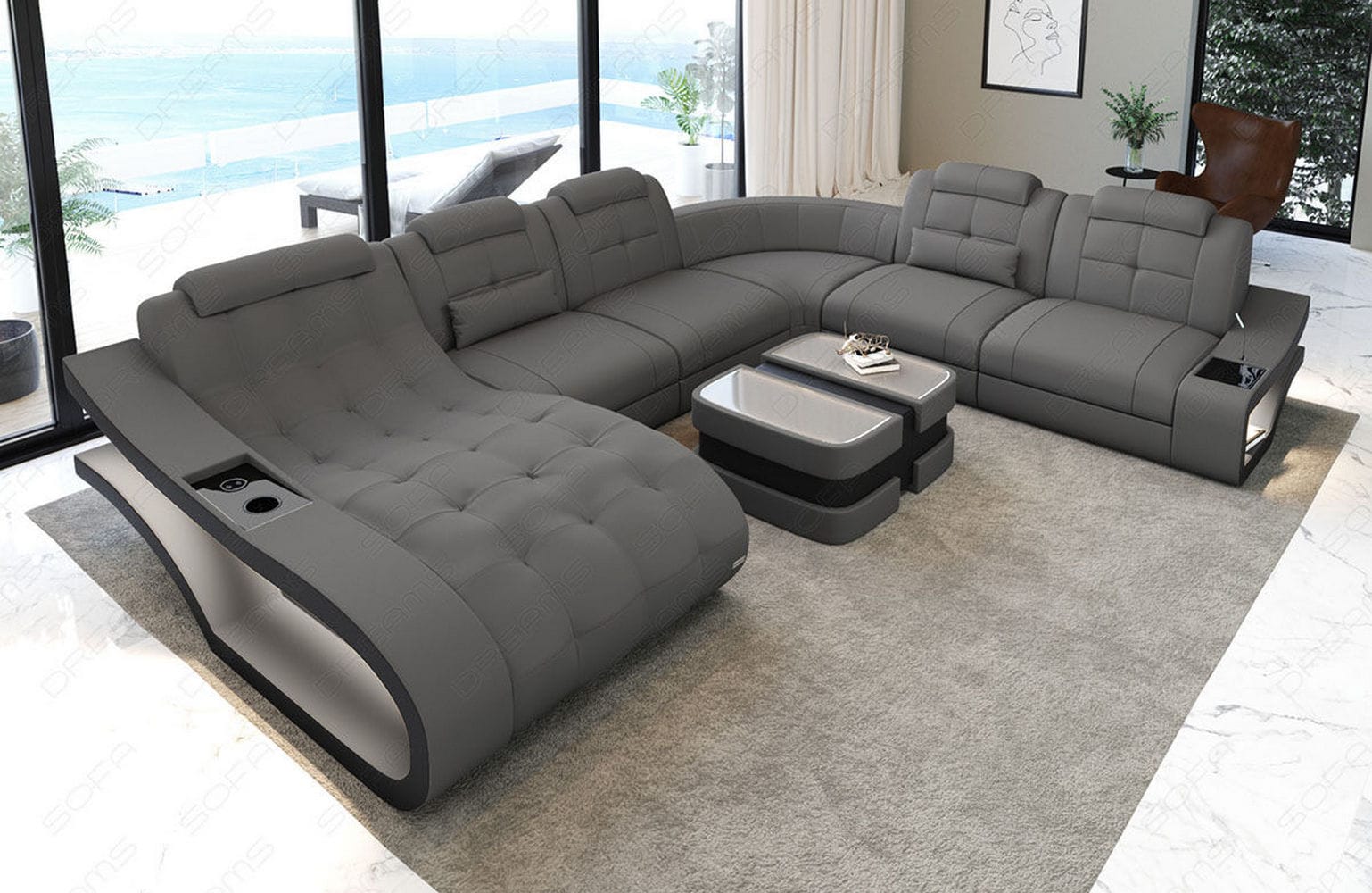 Stoff Wohnlandschaft Elegante XXL – Komfort Hellgrau-Schwarz