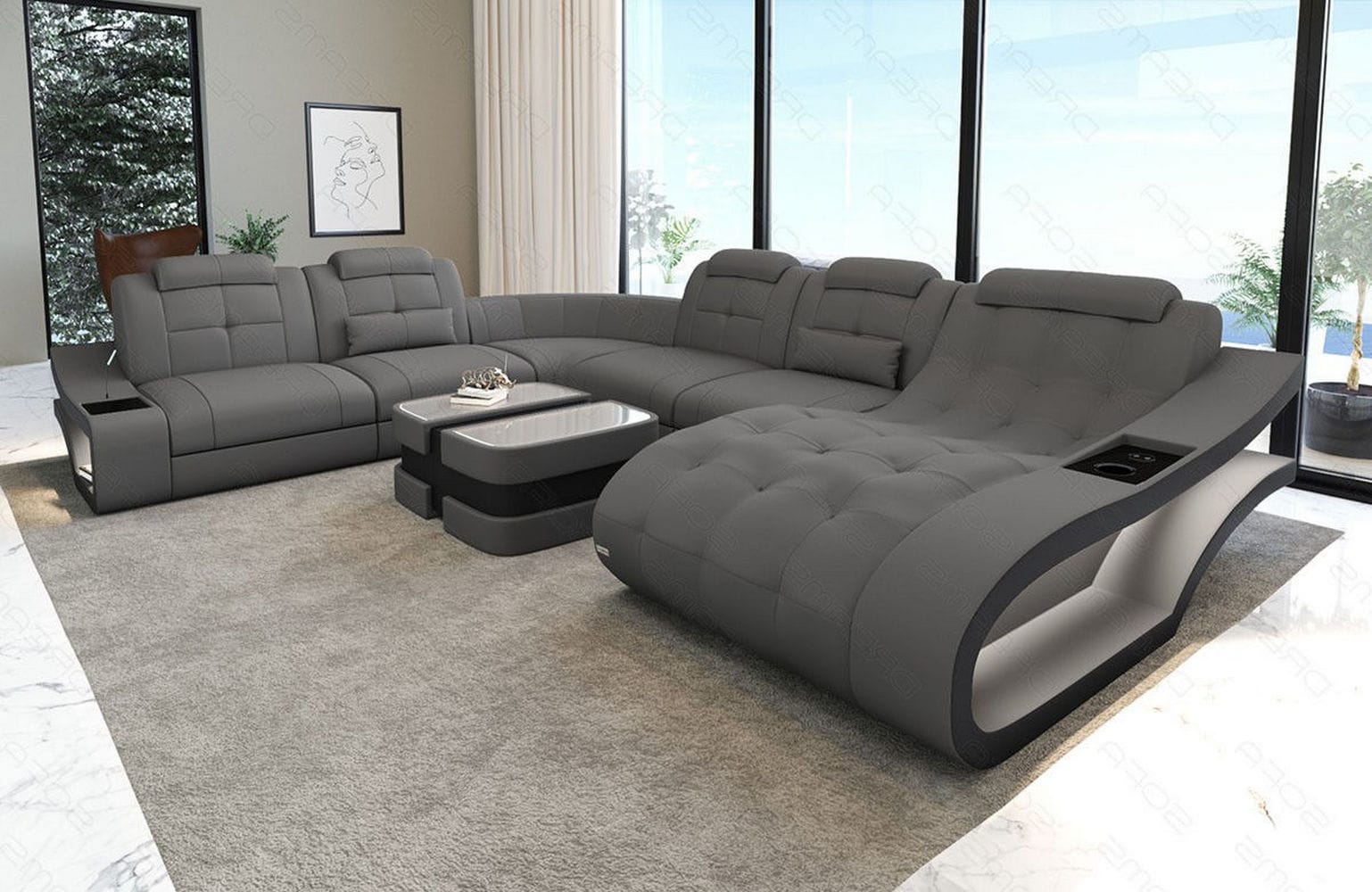Stoff Wohnlandschaft Elegante XXL – Komfort Hellgrau-Schwarz