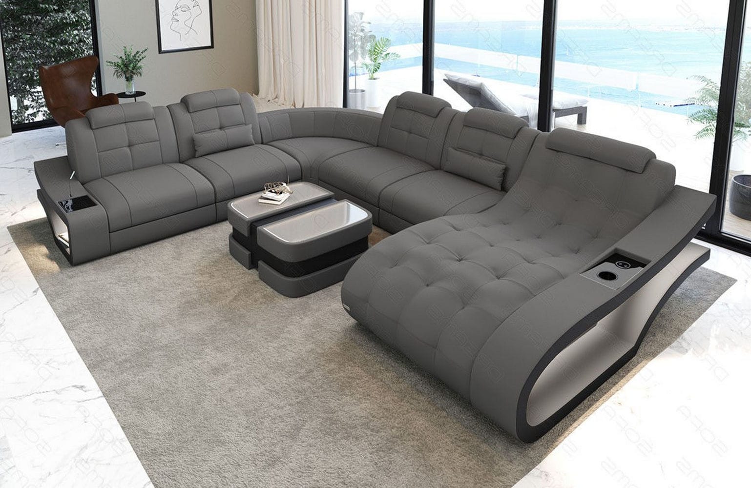 Stoff Wohnlandschaft Elegante XXL – Komfort Hellgrau-Schwarz