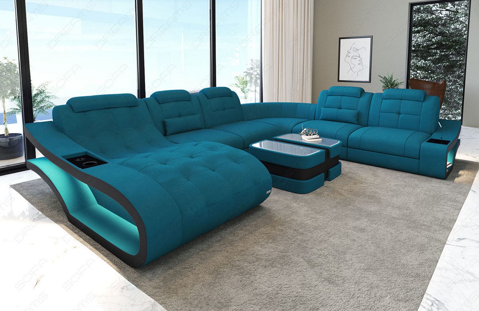 Stoff Wohnlandschaft Elegante XXL – Komfort Azurblau-Schwarz