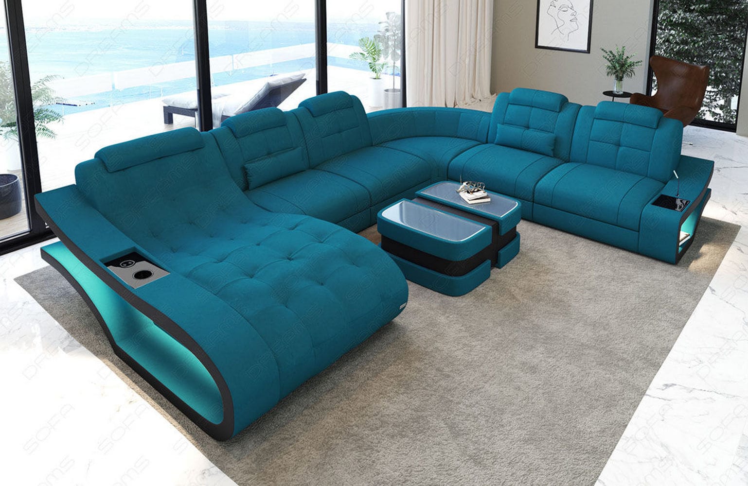 Stoff Wohnlandschaft Elegante XXL – Komfort Azurblau-Schwarz