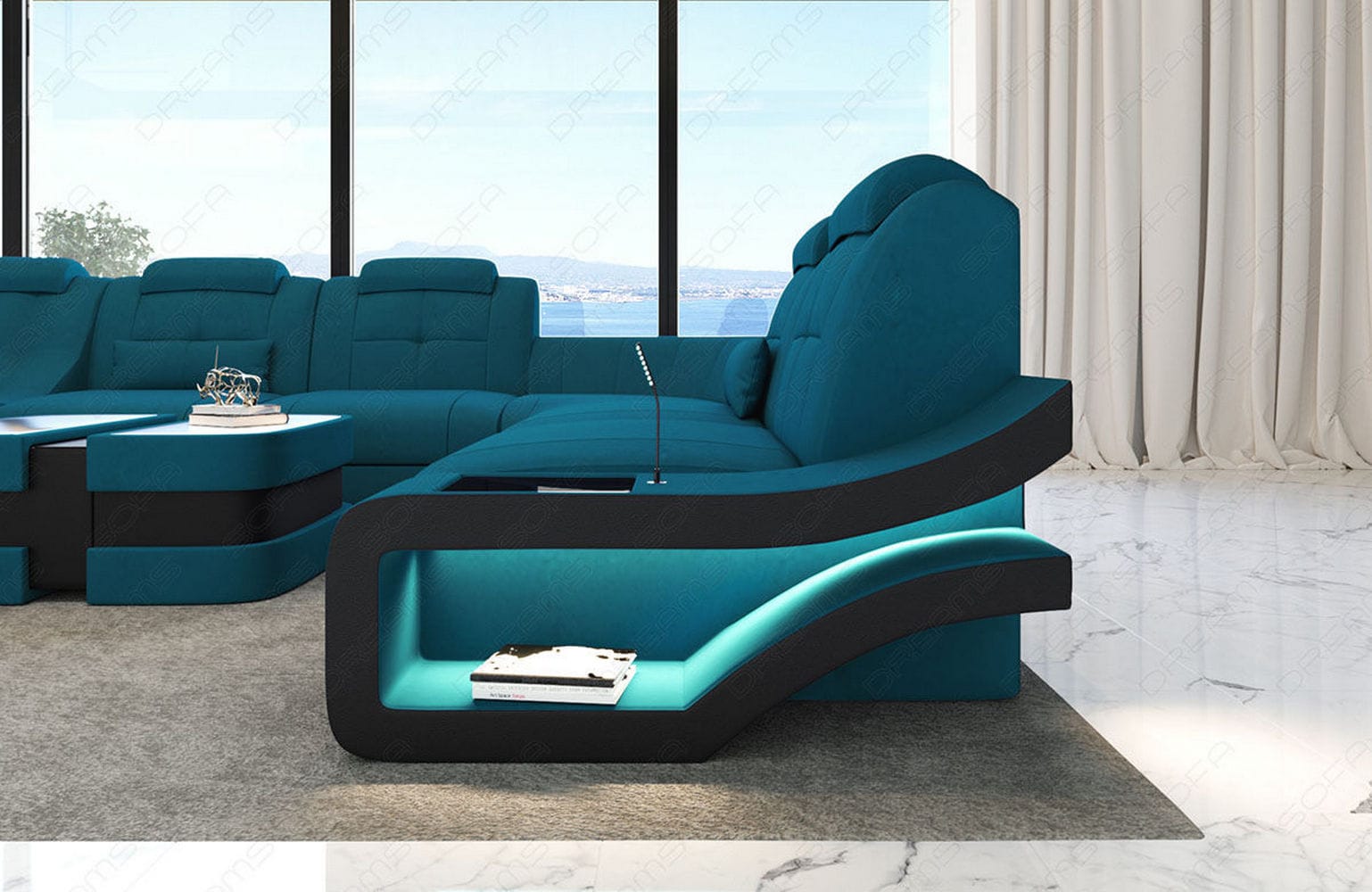 Stoff Wohnlandschaft Elegante XXL – Komfort Azurblau-Schwarz