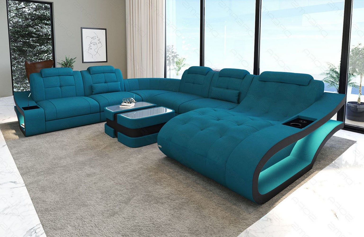 Stoff Wohnlandschaft Elegante XXL – Komfort Azurblau-Schwarz