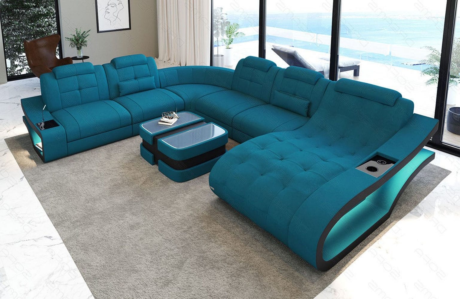 Stoff Wohnlandschaft Elegante XXL – Komfort Azurblau-Schwarz