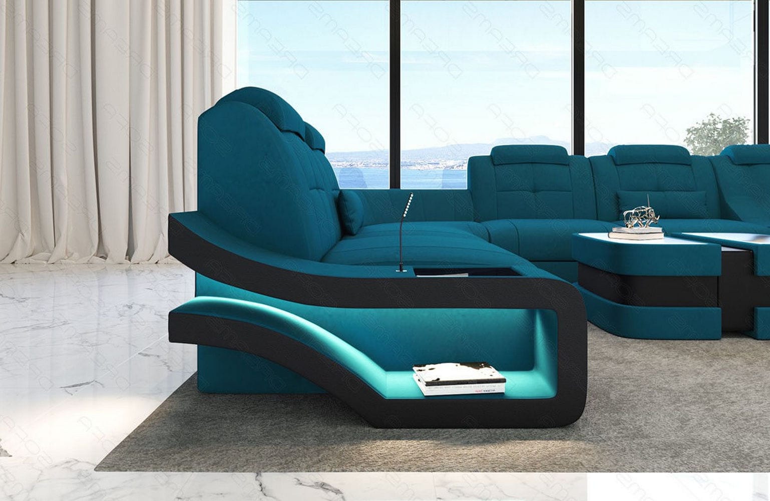 Stoff Wohnlandschaft Elegante XXL – Komfort Azurblau-Schwarz