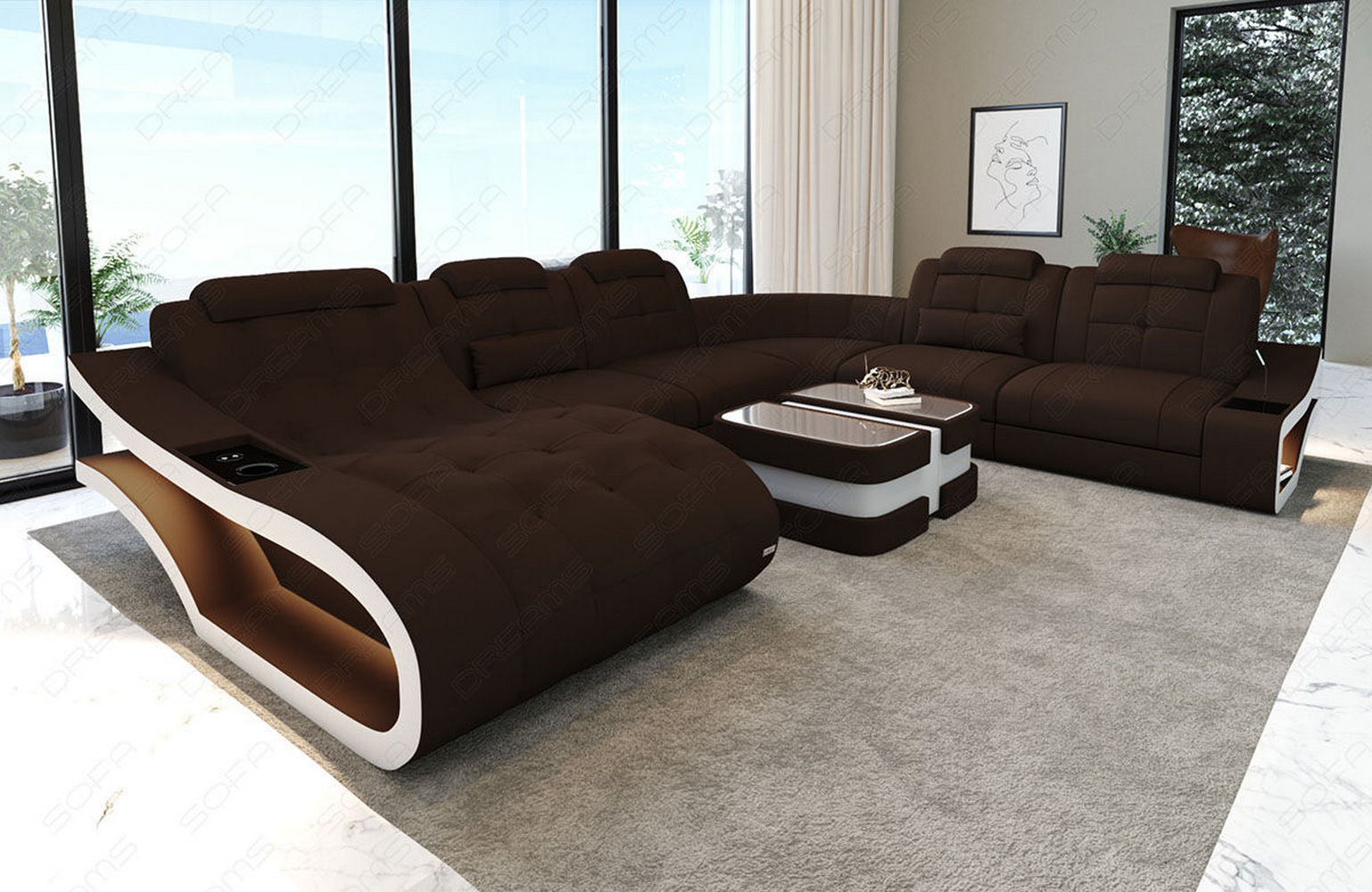 Stoff Wohnlandschaft Elegante XXL – Komfort Dunkelbraun-Weiß