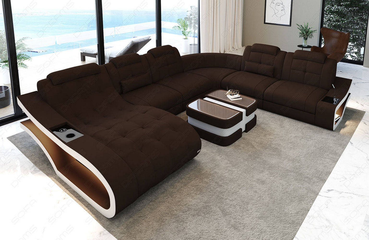 Stoff Wohnlandschaft Elegante XXL – Komfort Dunkelbraun-Weiß