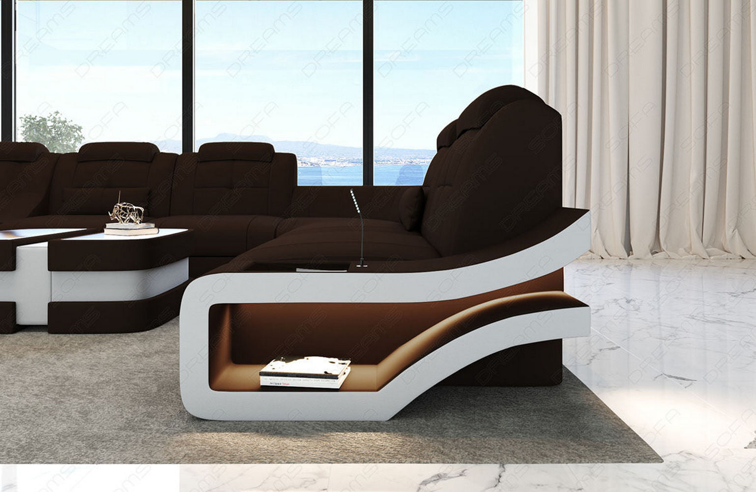 Stoff Wohnlandschaft Elegante XXL – Komfort Dunkelbraun-Weiß