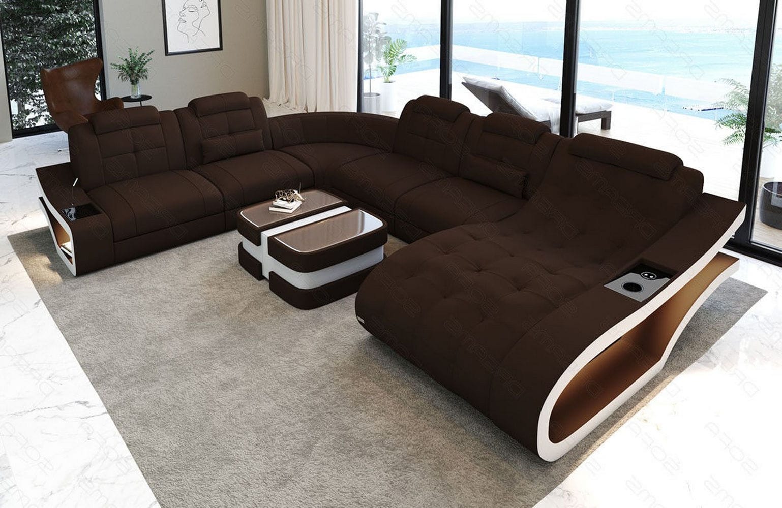 Stoff Wohnlandschaft Elegante XXL – Komfort Dunkelbraun-Weiß