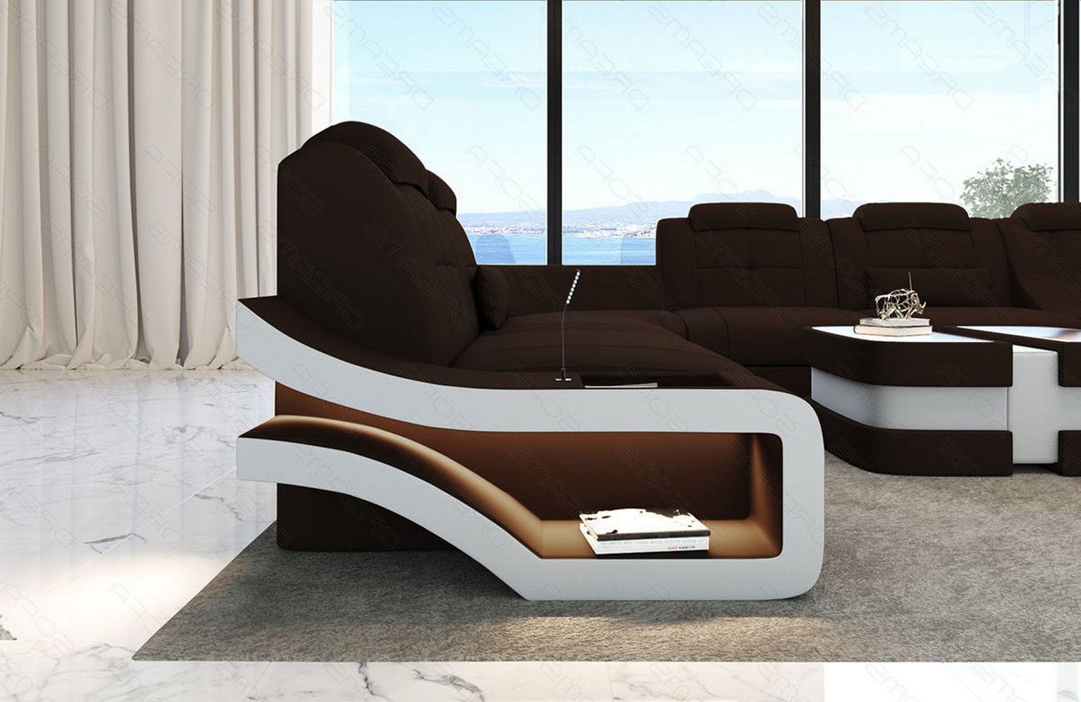 Stoff Wohnlandschaft Elegante XXL – Komfort Dunkelbraun-Weiß