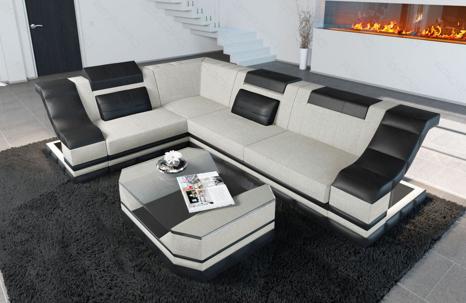 Ecksofa Bianchi – Stoffbezug & Komfort Elfenbein-Schwarz