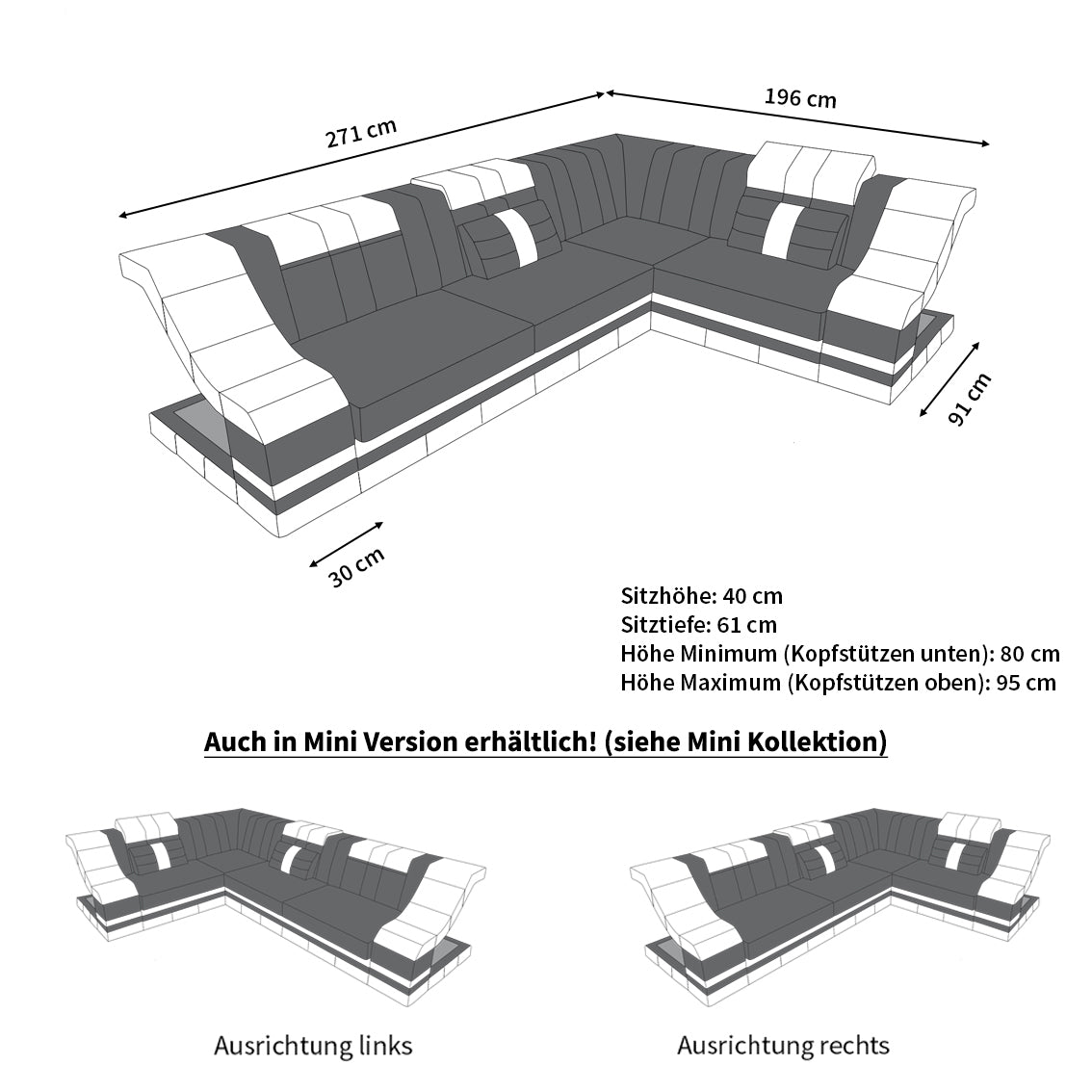 Ecksofa Bianchi – Stoffbezug & Komfort Elfenbein-Schwarz