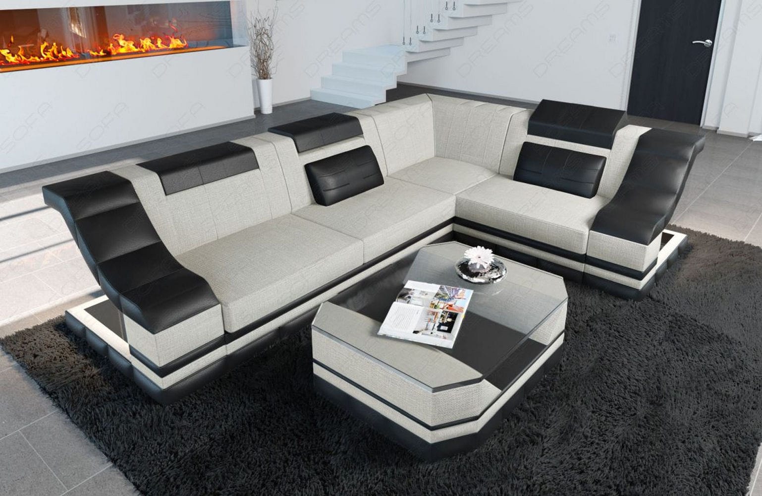 Stoff Ecksofa Bianchi L Form elfenbein-schwarz