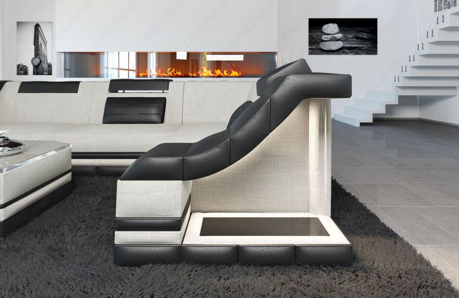 Stoff Ecksofa Bianchi L Form elfenbein-schwarz