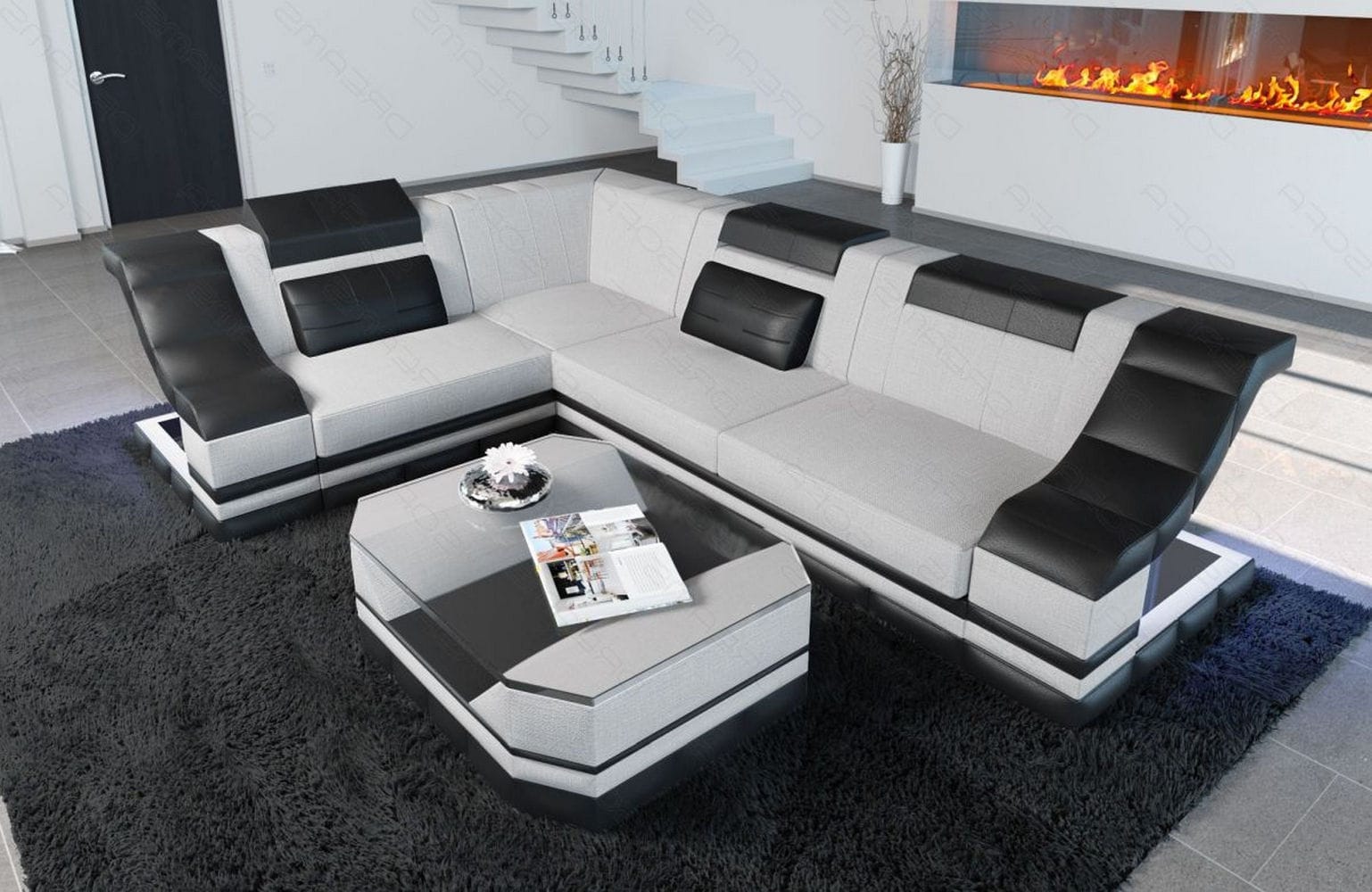 Stoff Ecksofa Bianchi L Form macchiato-schwarz
