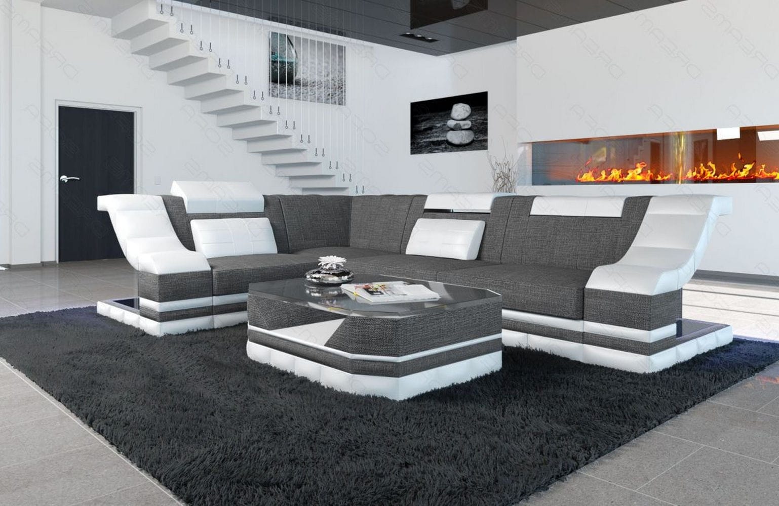 Stoff Ecksofa Bianchi L-Form Grau-Weiß