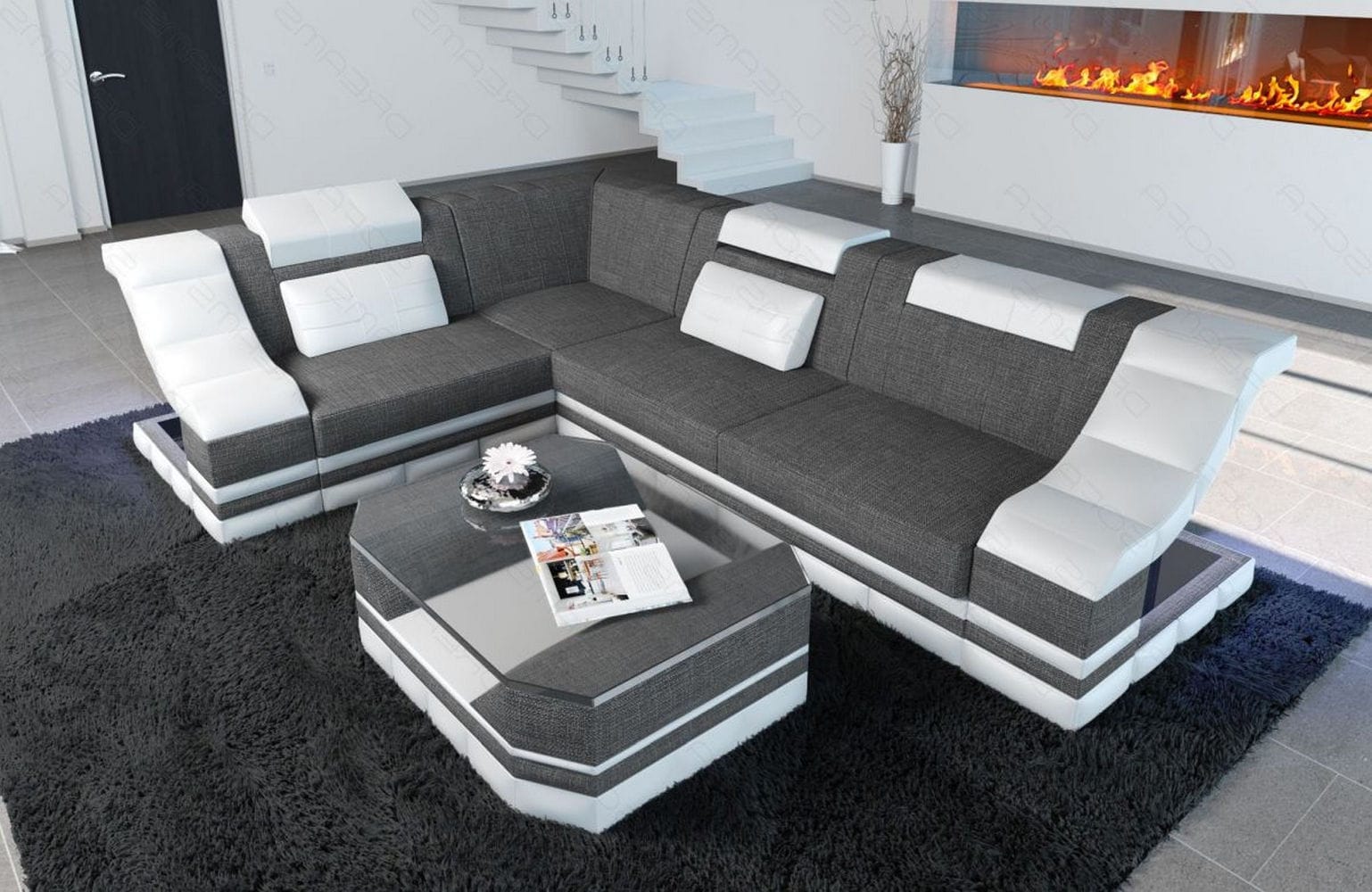 Stoff Ecksofa Bianchi L-Form Grau-Weiß