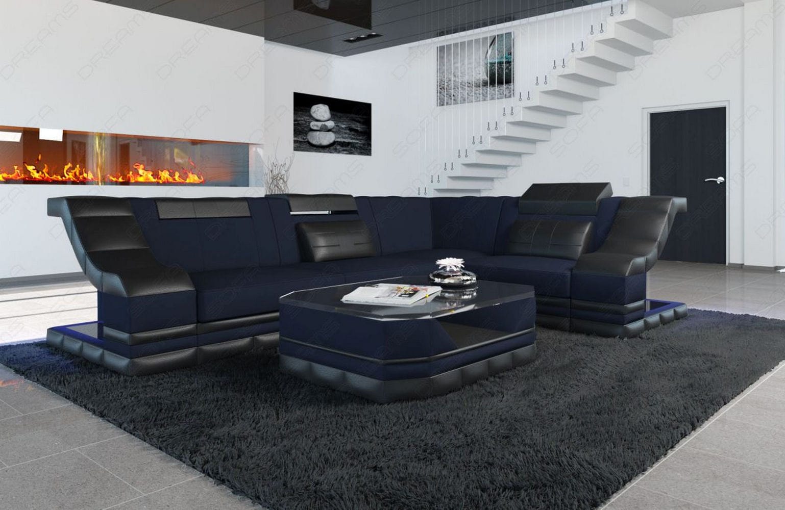 Stoff Ecksofa Bianchi L-Form Dunkelblau-Schwarz