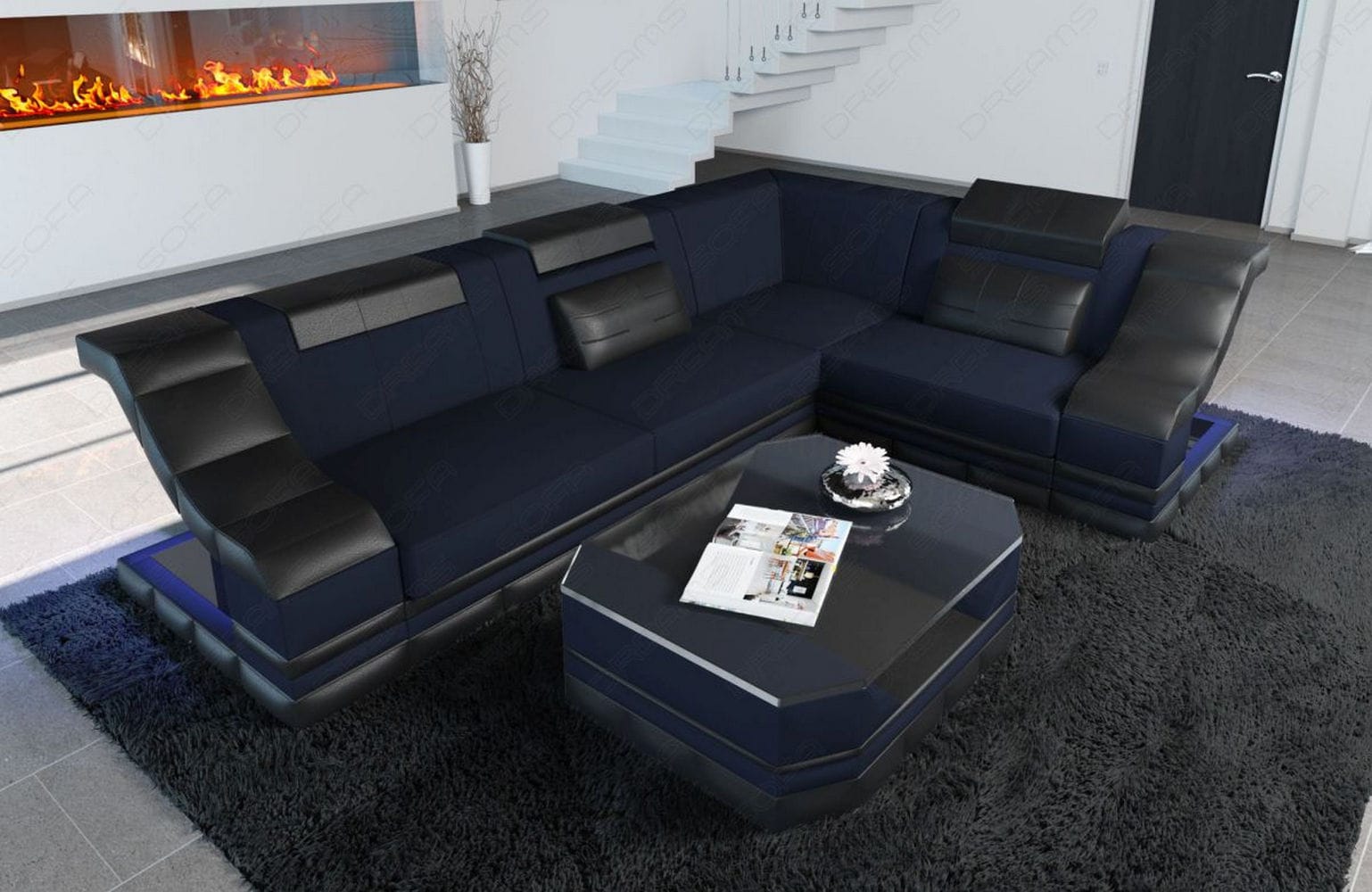 Stoff Ecksofa Bianchi L-Form Dunkelblau-Schwarz