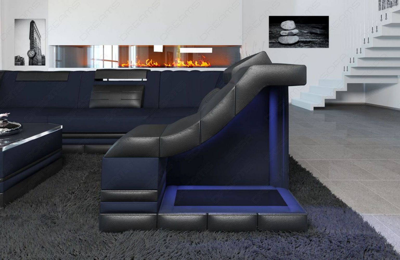 Stoff Ecksofa Bianchi L-Form Dunkelblau-Schwarz