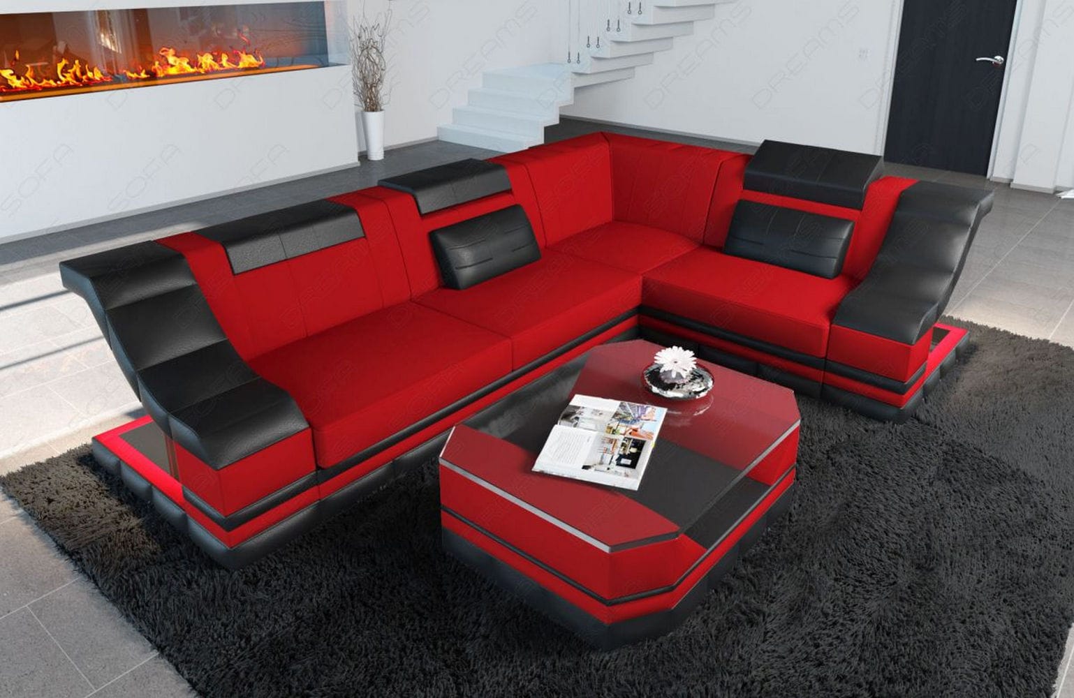 Stoff Ecksofa Bianchi L-Form Rot-Schwarz