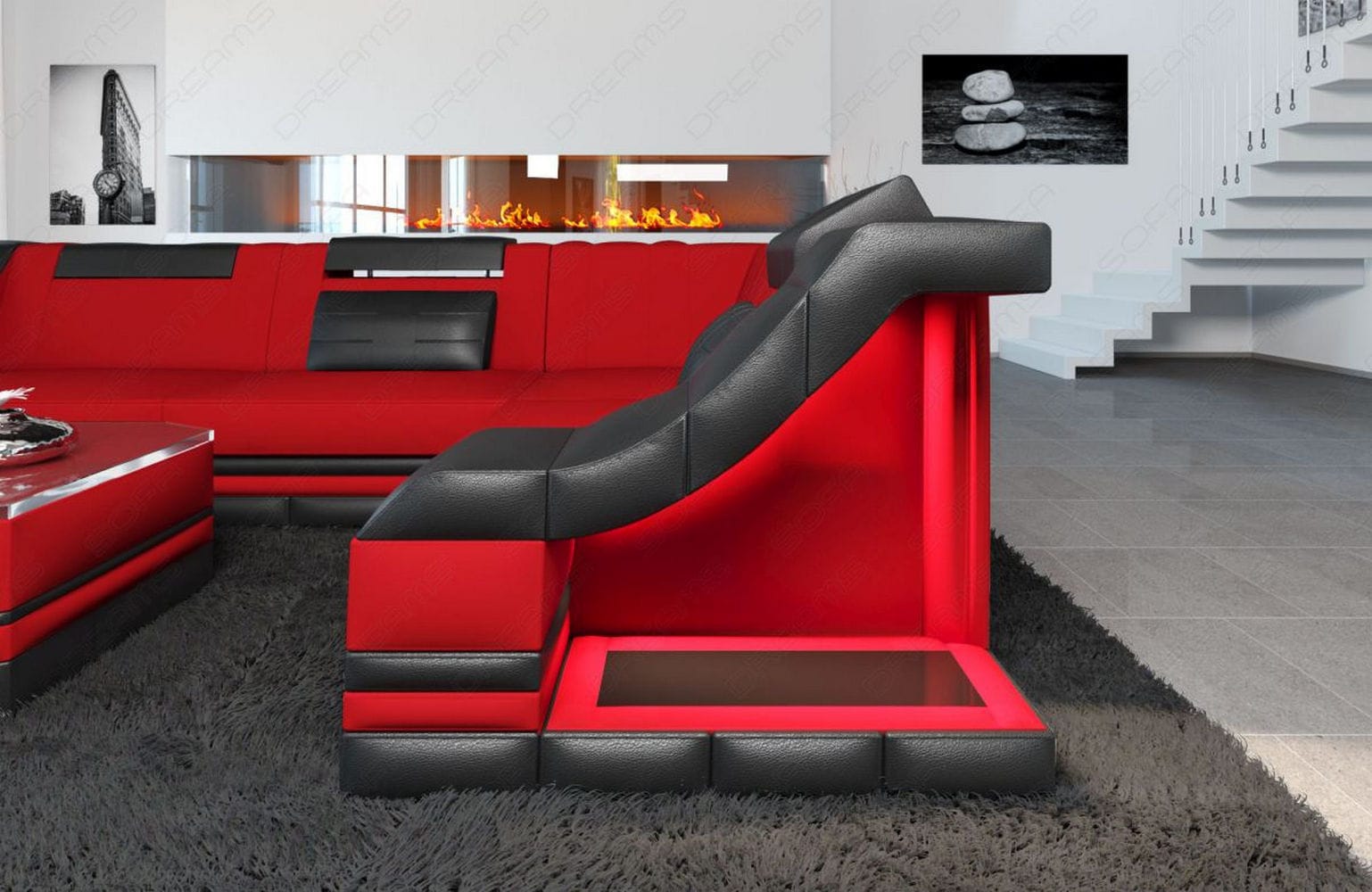 Stoff Ecksofa Bianchi L-Form Rot-Schwarz