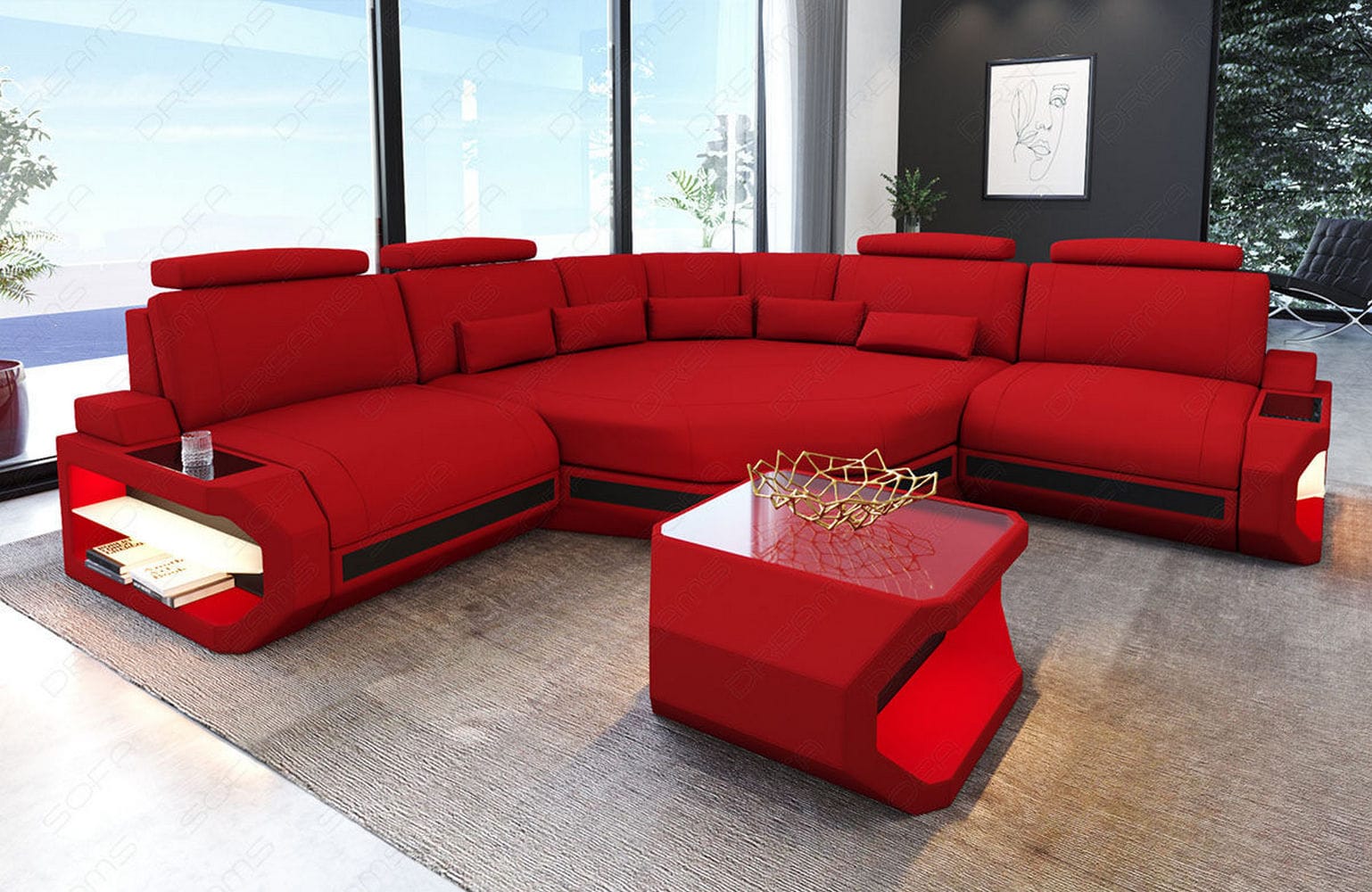 Mini Stoff Ecksofa Asti L-Form Rot-Schwarz