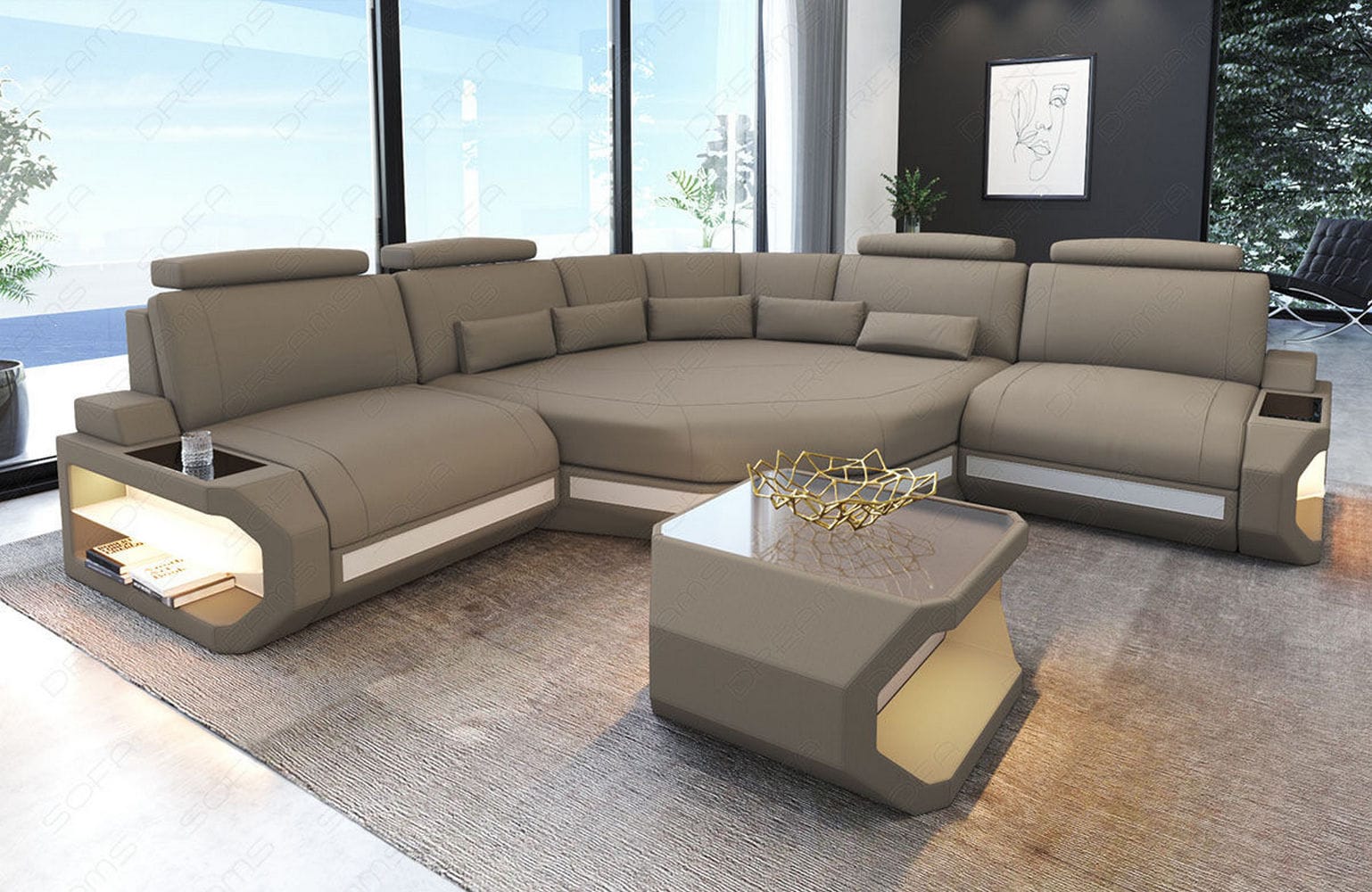 Mini Stoff Ecksofa Asti L-Form Taupe-Weiß