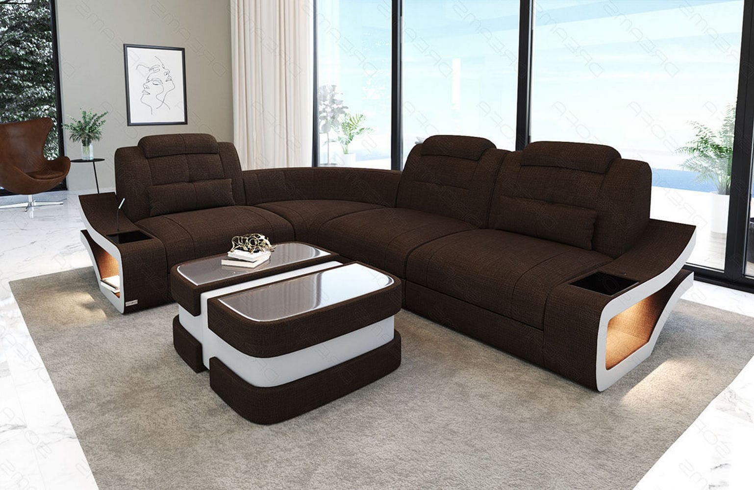 Stoff Ecksofa Elena L Form braun-weiß