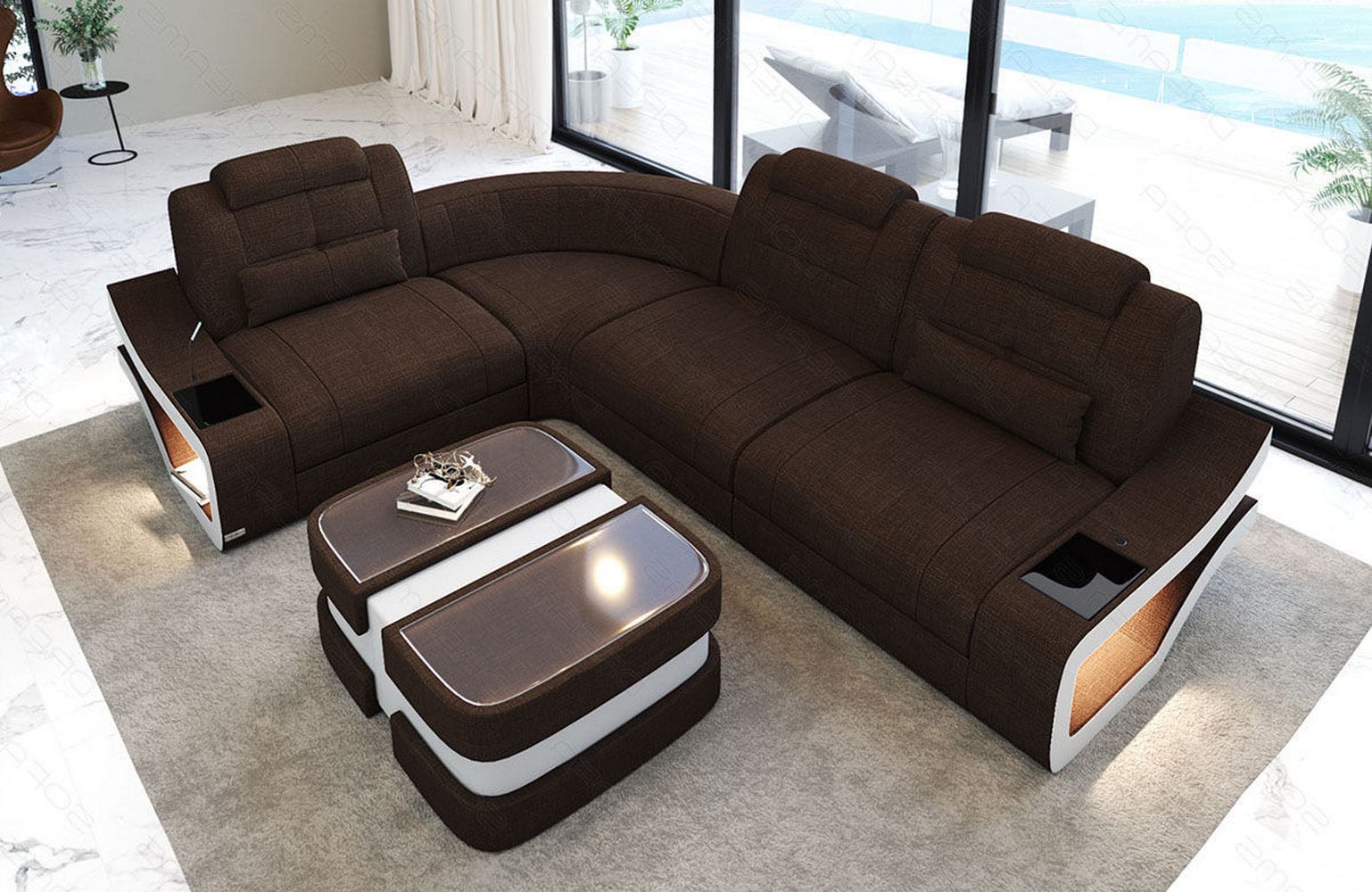 Stoff Ecksofa Elena L Form braun-weiß