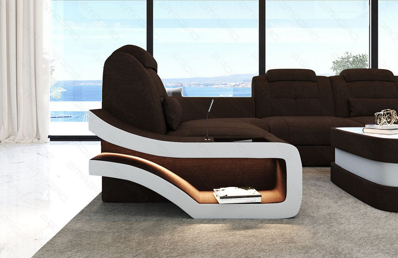 Stoff Ecksofa Elena L Form braun-weiß