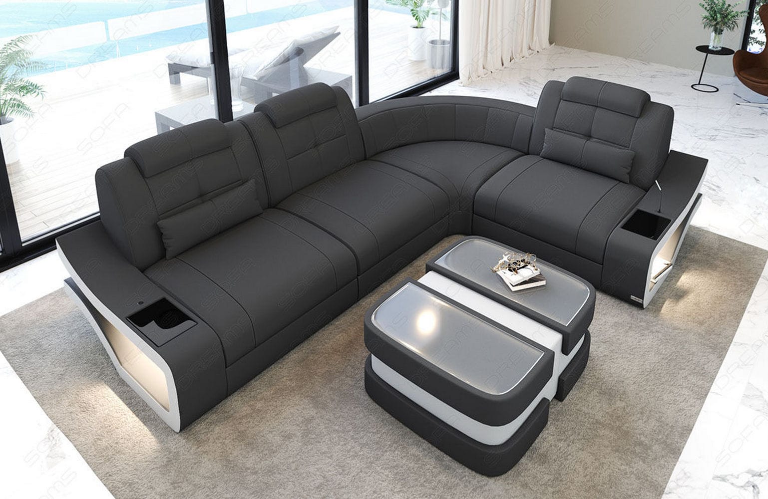 Stoff Ecksofa Elena L-Form Grau-Weiß