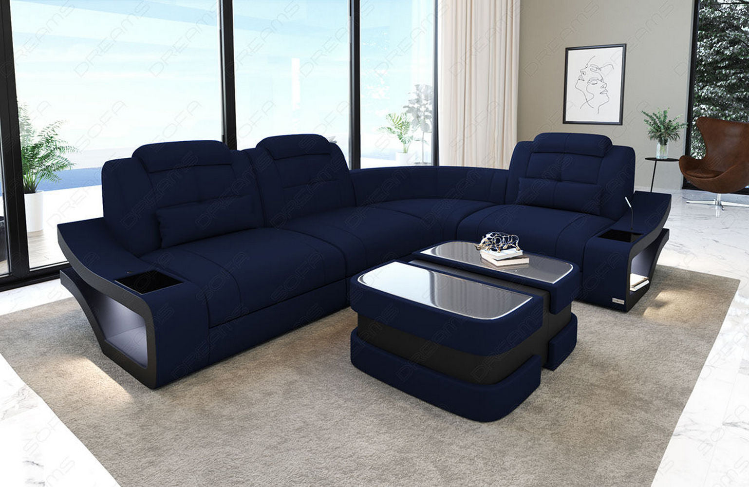Ecksofa Elena Stoff – Modern & Komfortabel Dunkelblau-Schwarz