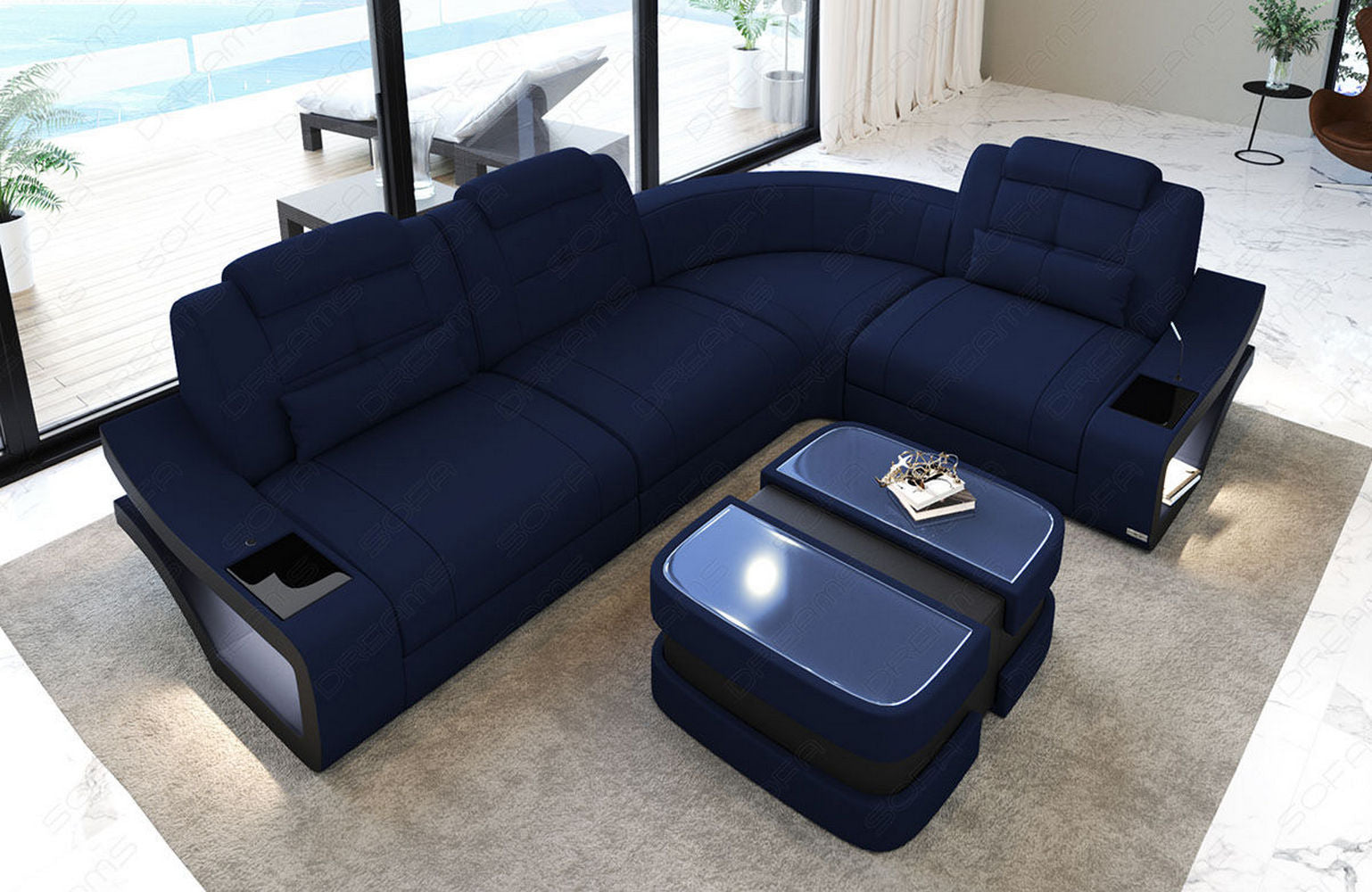 Ecksofa Elena Stoff – Modern & Komfortabel Dunkelblau-Schwarz