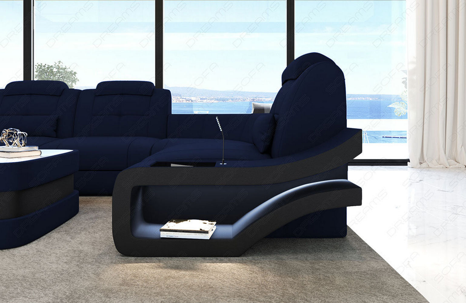Ecksofa Elena Stoff – Modern & Komfortabel Dunkelblau-Schwarz