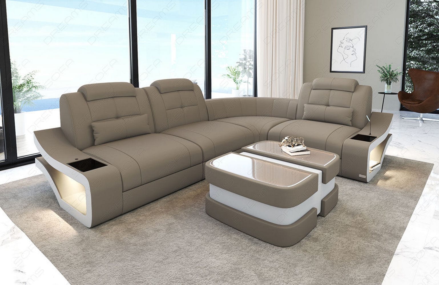 Stoff Ecksofa Elena L-Form Taupe-Weiß