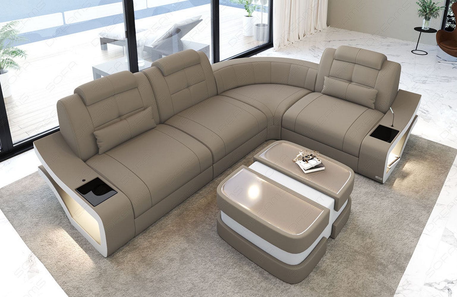 Stoff Ecksofa Elena L-Form Taupe-Weiß