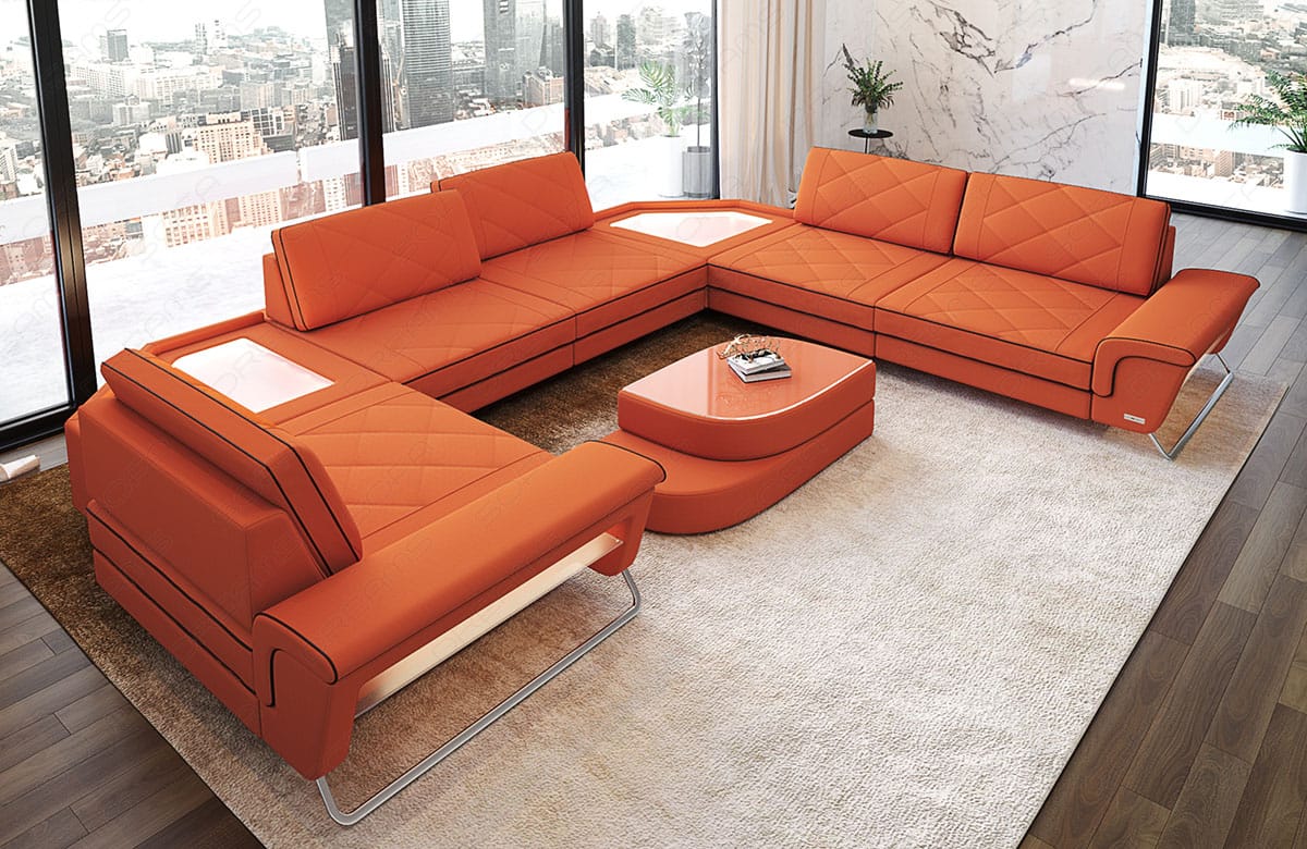 Couchlandschaft Sepino U-Form in Stoff Orange-Schwarz